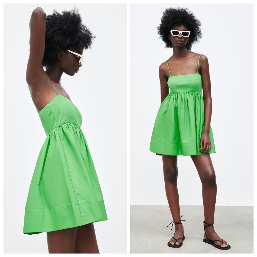 Zara Contrasting Voluminous Dress Spaghetti Strap Mini Full Green Size Large